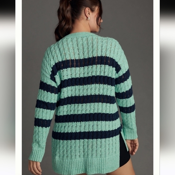 NWT Anthropologie Pilcro Longline Stitch Sweater in blue and green stripes - Picture 4 of 11